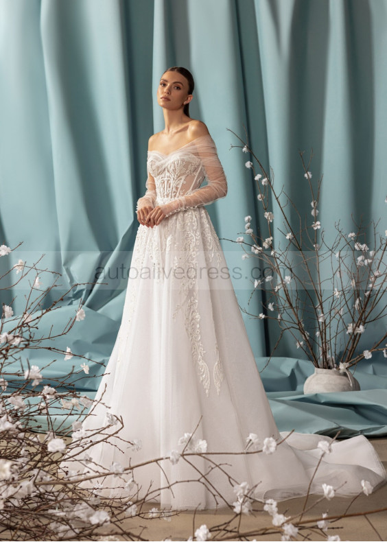 Off Shoulder Beaded Ivory Lace Tulle Wedding Dress